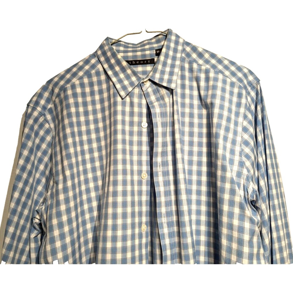 Theory Mens Sz: Large Blue/White Check Plaid Cotton Long Sleeve Button Up Shirt